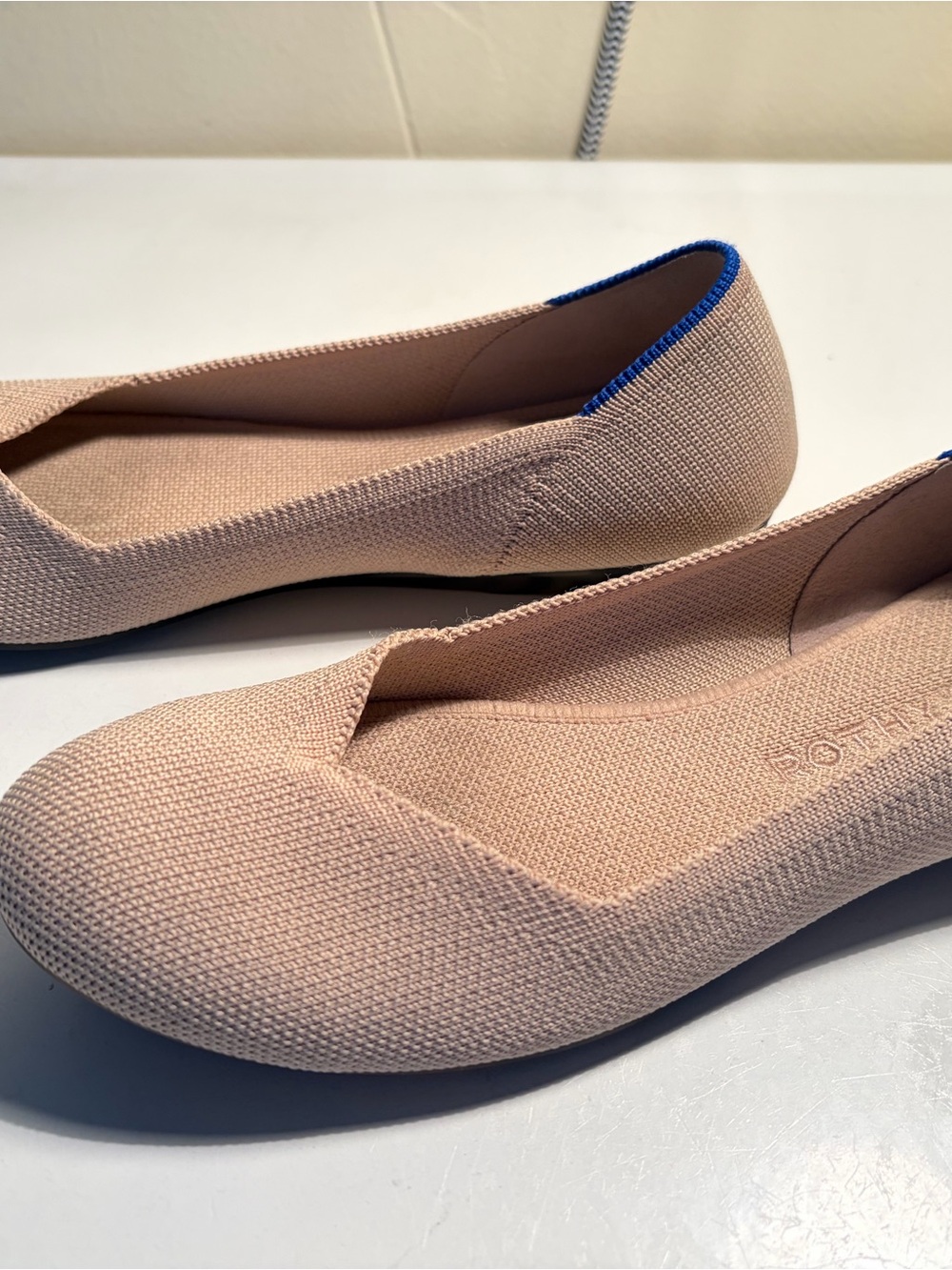 Rothy's Ecru Nude Daily Knit Ballet Flats with Blue Heel Trim